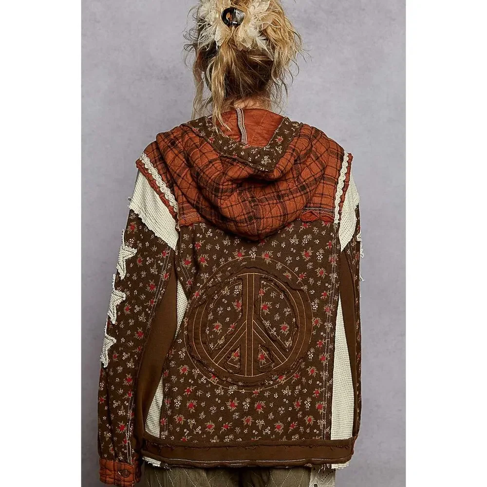 1J***POL hooded long balloon sleeve in printed terry with star & peace patch - Picture 3 of 5